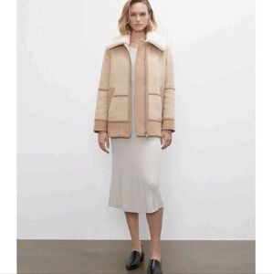 Bagatelle NYC Full Zip Car Coat Size Medium Tan Faux Fur Collar Belted Hem EUC